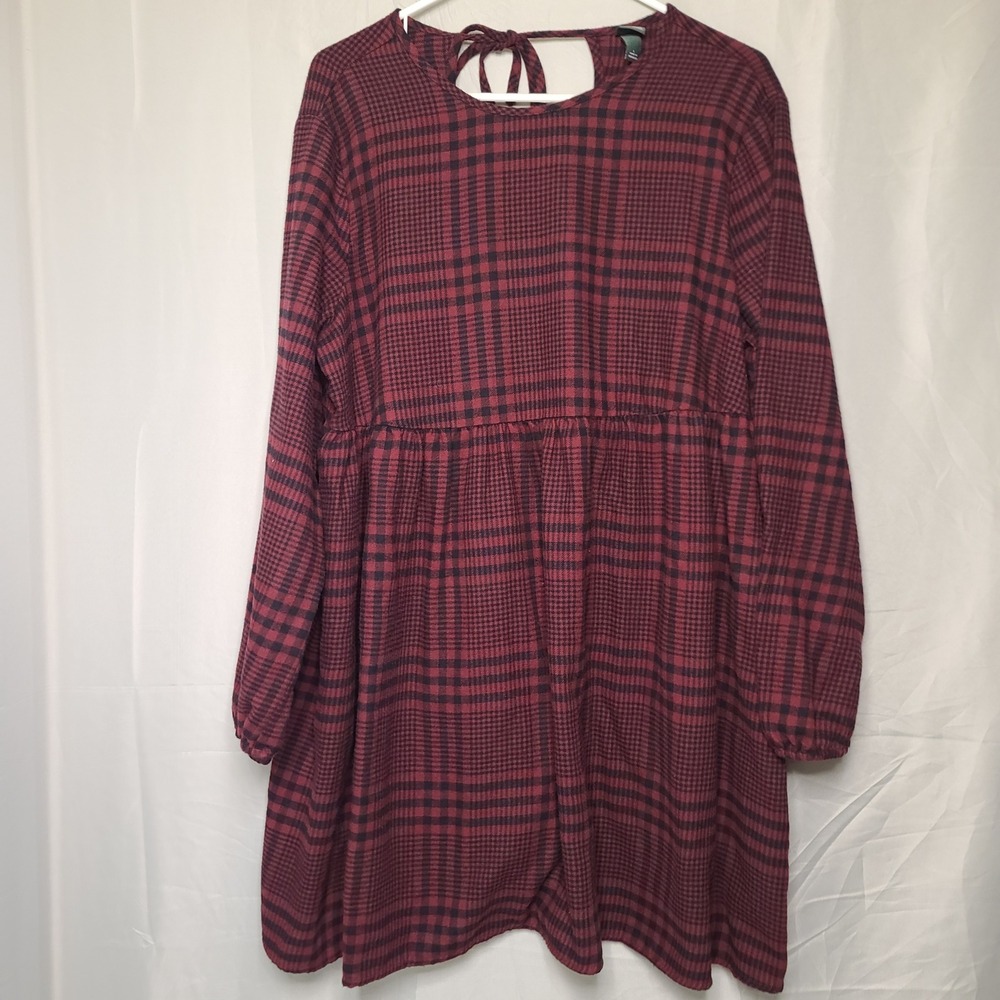 Wild Fable Babydoll Dress Women L Burgundy Black Plaid Long Sleeve Tie Back